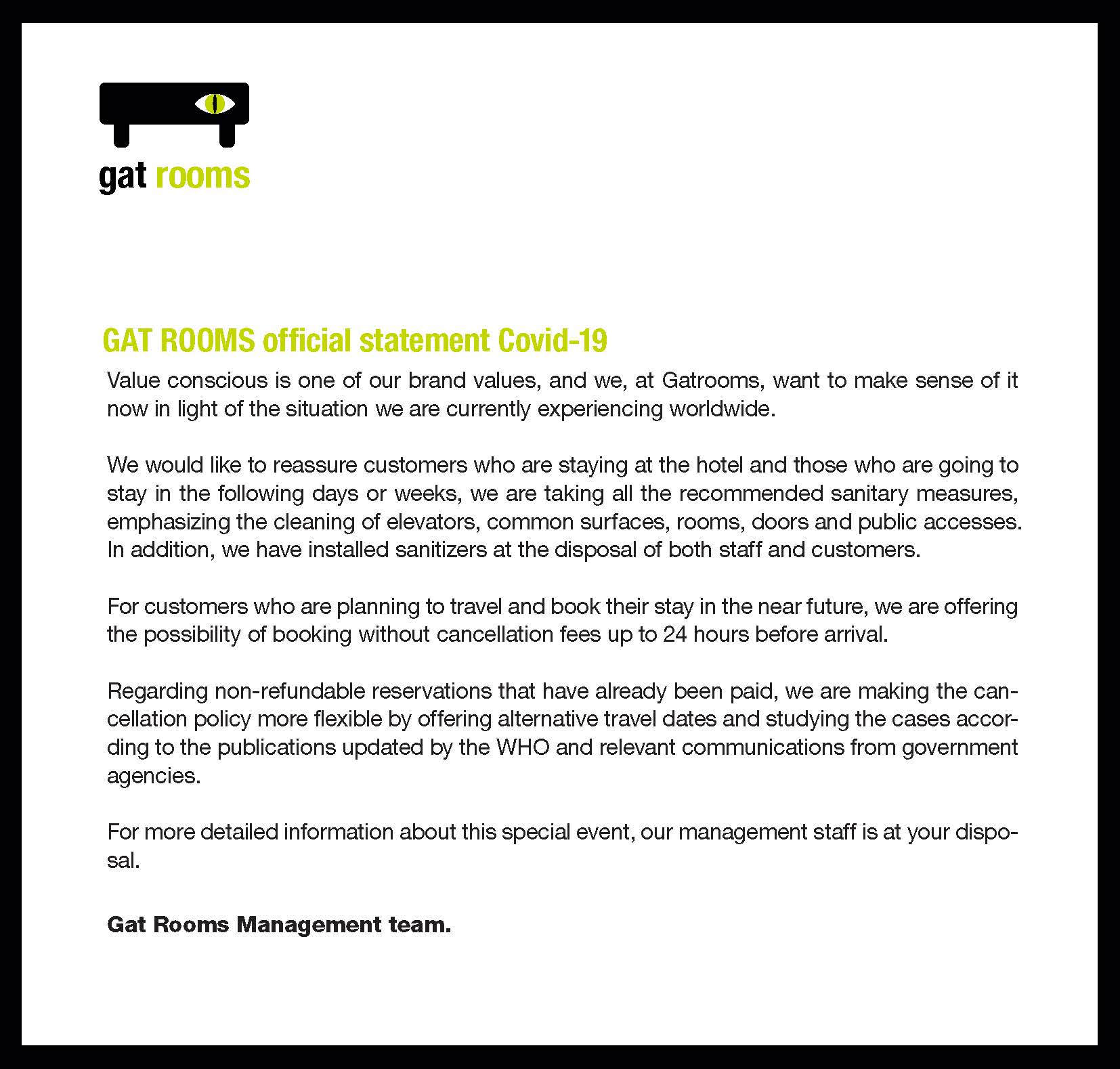 Gat rooms oficial statement Covid -19